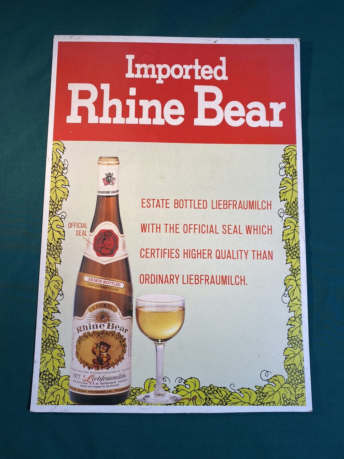 Vintage Rhine Bear Wine Cardboard Adverting Sign 16.5”x11.5”